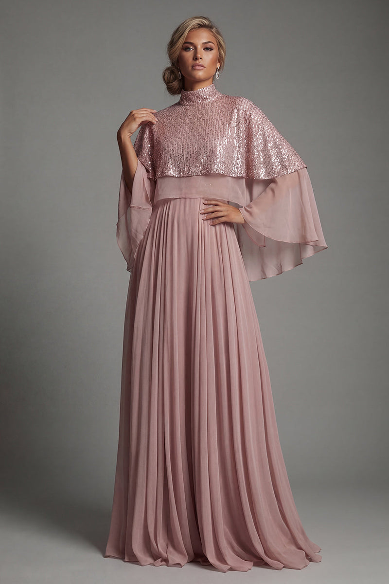 Load image into Gallery viewer, Sparkly Dusty Rose Sequin A Line Long Formal Dress with Cape
