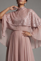 Load image into Gallery viewer, Sparkly Dusty Rose Sequin A Line Long Formal Dress with Cape