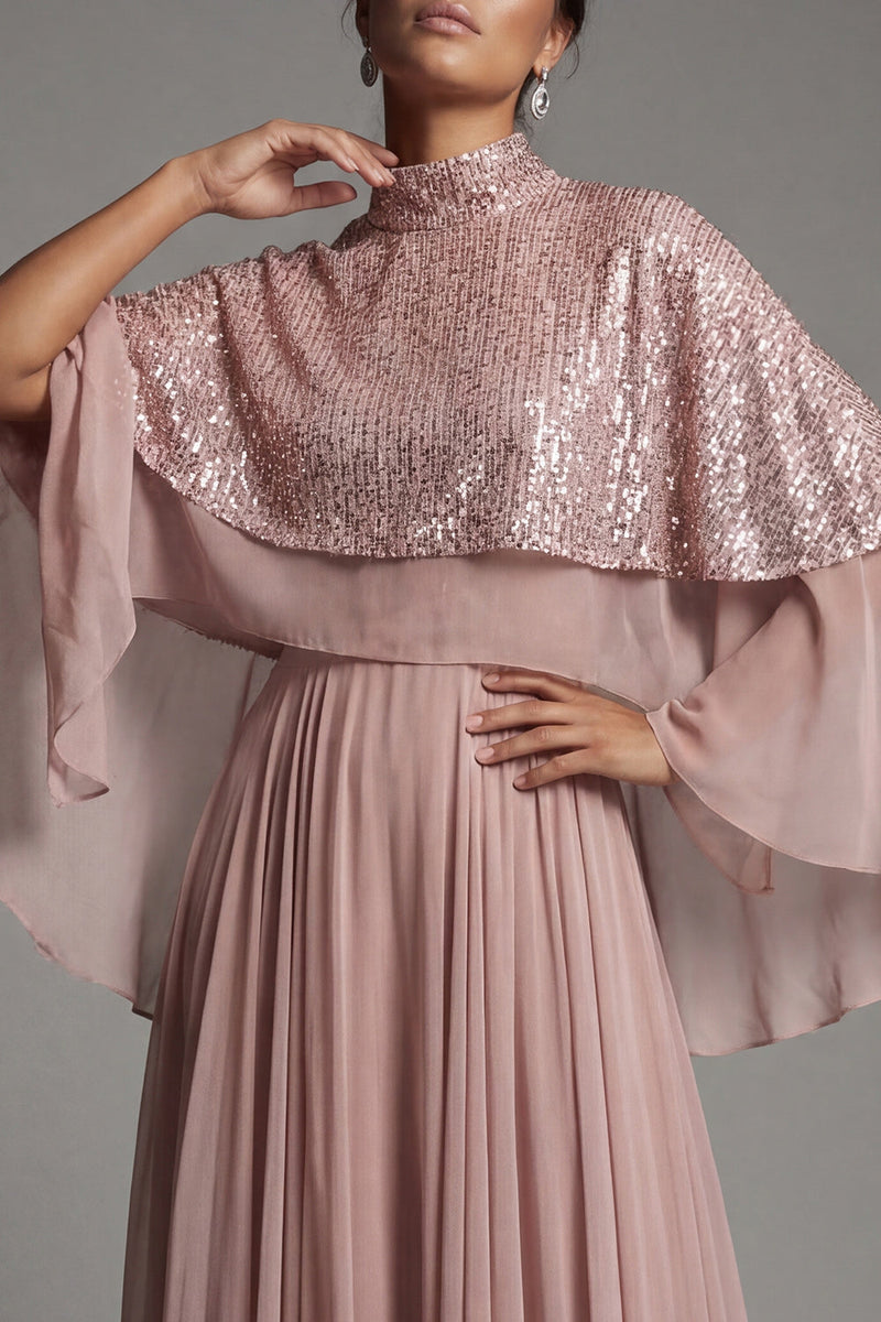 Load image into Gallery viewer, Sparkly Dusty Rose Sequin A Line Long Formal Dress with Cape