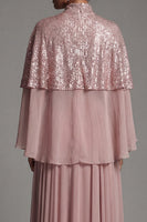 Load image into Gallery viewer, Sparkly Dusty Rose Sequin A Line Long Formal Dress with Cape