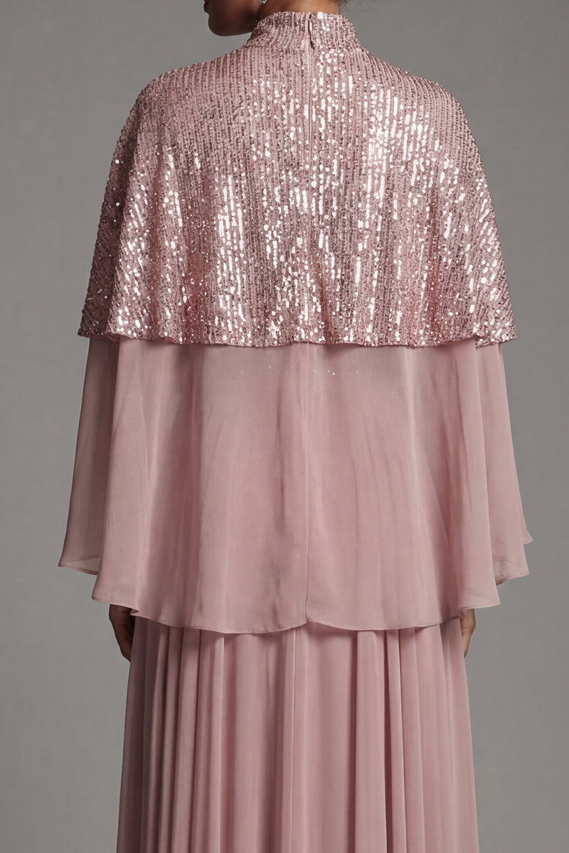Load image into Gallery viewer, Sparkly Dusty Rose Sequin A Line Long Formal Dress with Cape
