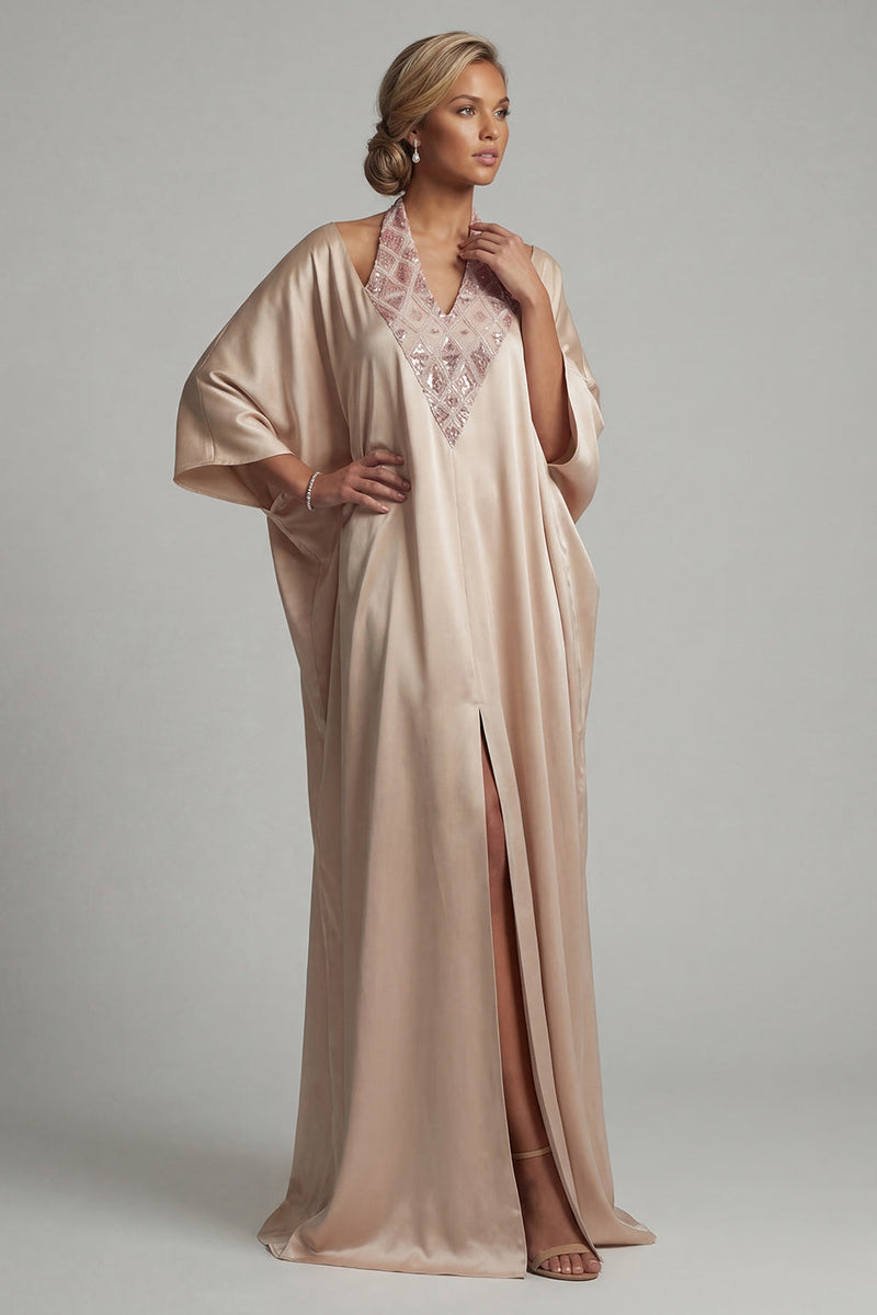 Load image into Gallery viewer, Sparkly Champagne Sequin Sheath Halter Long Formal Dress with Slit
