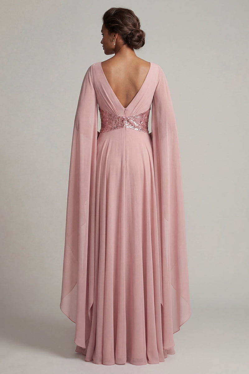 Load image into Gallery viewer, Sparkly Dusty Rose Long Sequin A Line Formal Dress with Cape