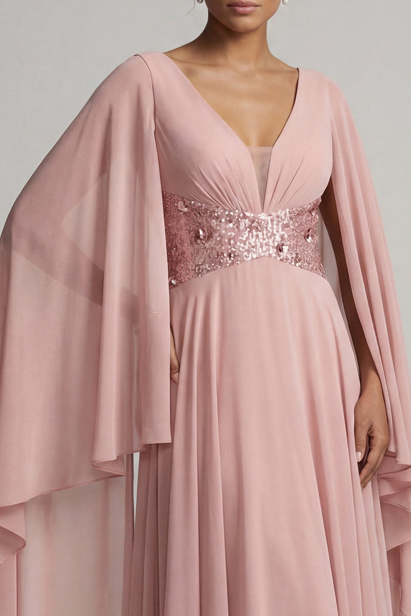 Load image into Gallery viewer, Sparkly Dusty Rose Long Sequin A Line Formal Dress with Cape