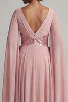 Load image into Gallery viewer, Sparkly Dusty Rose Long Sequin A Line Formal Dress with Cape