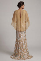 Load image into Gallery viewer, Sparkly Champagne Mermaid Sequin 3D Flower Long Formal Dress with Cape