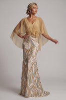 Load image into Gallery viewer, Sparkly Champagne Mermaid Sequin 3D Flower Long Formal Dress with Cape