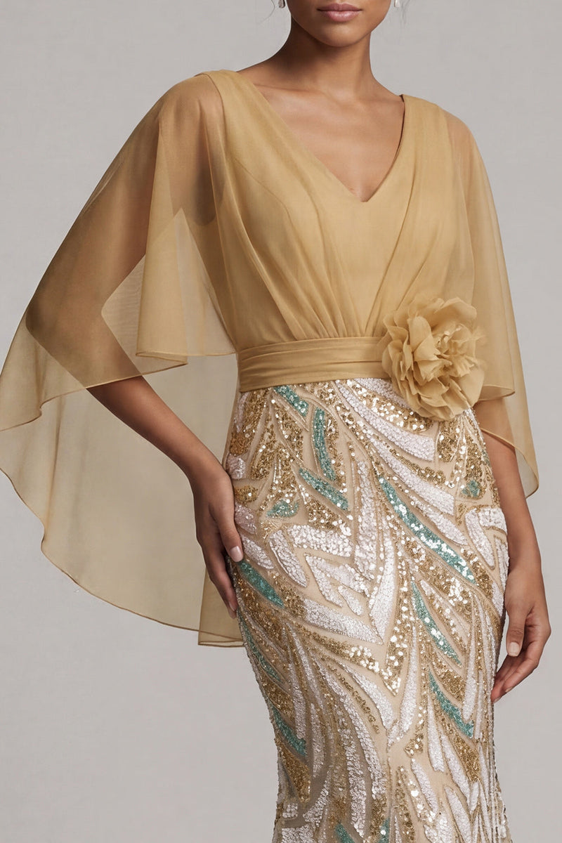 Load image into Gallery viewer, Sparkly Champagne Mermaid Sequin 3D Flower Long Formal Dress with Cape
