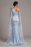 Load image into Gallery viewer, Floral Sky Blue Mermaid Long Sequin Formal Dress with Cape
