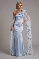 Load image into Gallery viewer, Floral Sky Blue Mermaid Long Sequin Formal Dress with Cape