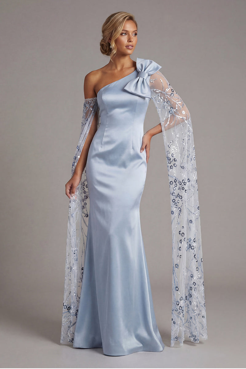 Load image into Gallery viewer, Floral Sky Blue Mermaid Long Sequin Formal Dress with Cape