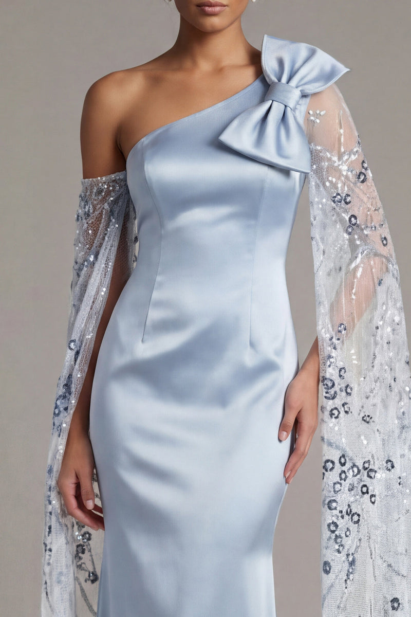 Load image into Gallery viewer, Floral Sky Blue Mermaid Long Sequin Formal Dress with Cape