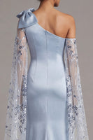 Load image into Gallery viewer, Floral Sky Blue Mermaid Long Sequin Formal Dress with Cape