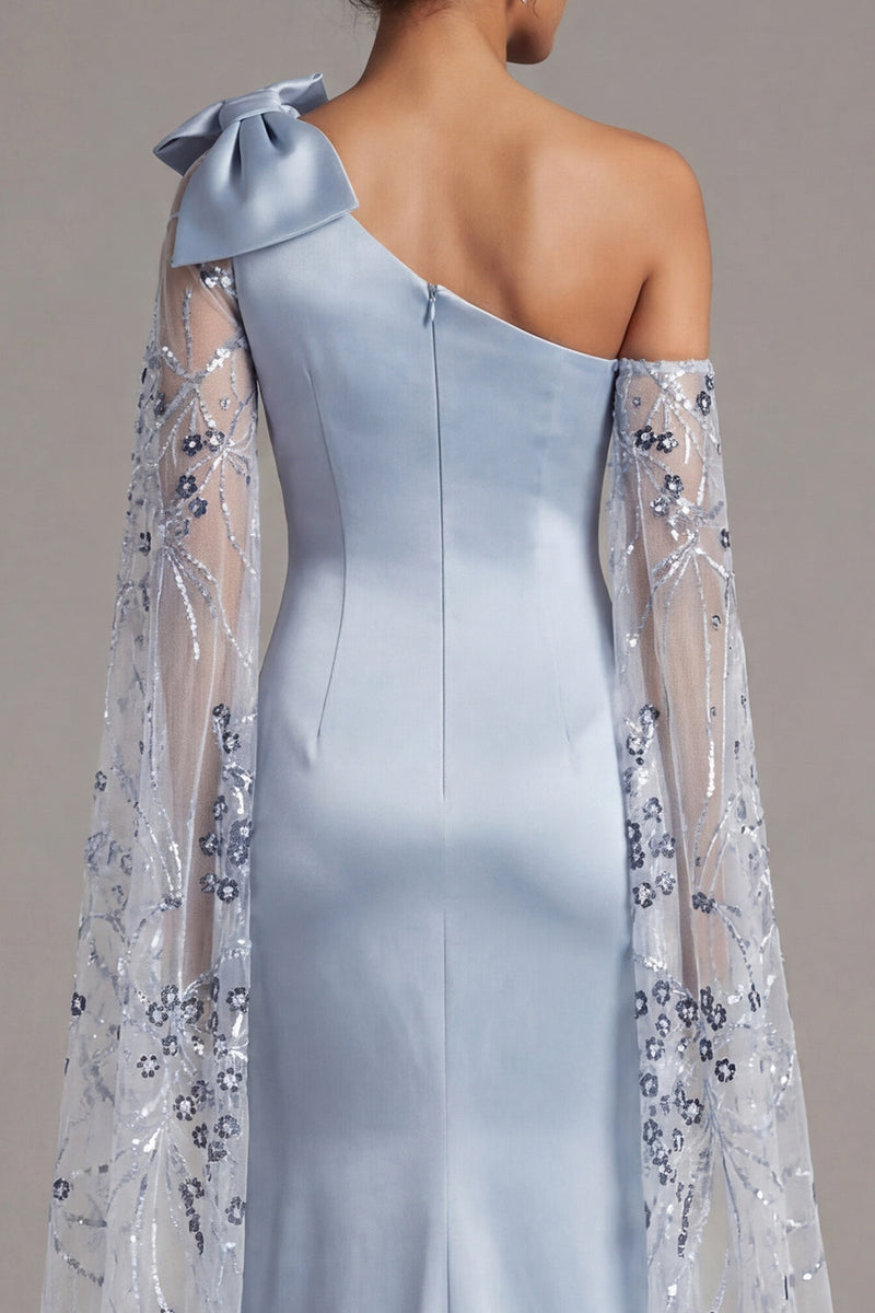 Load image into Gallery viewer, Floral Sky Blue Mermaid Long Sequin Formal Dress with Cape