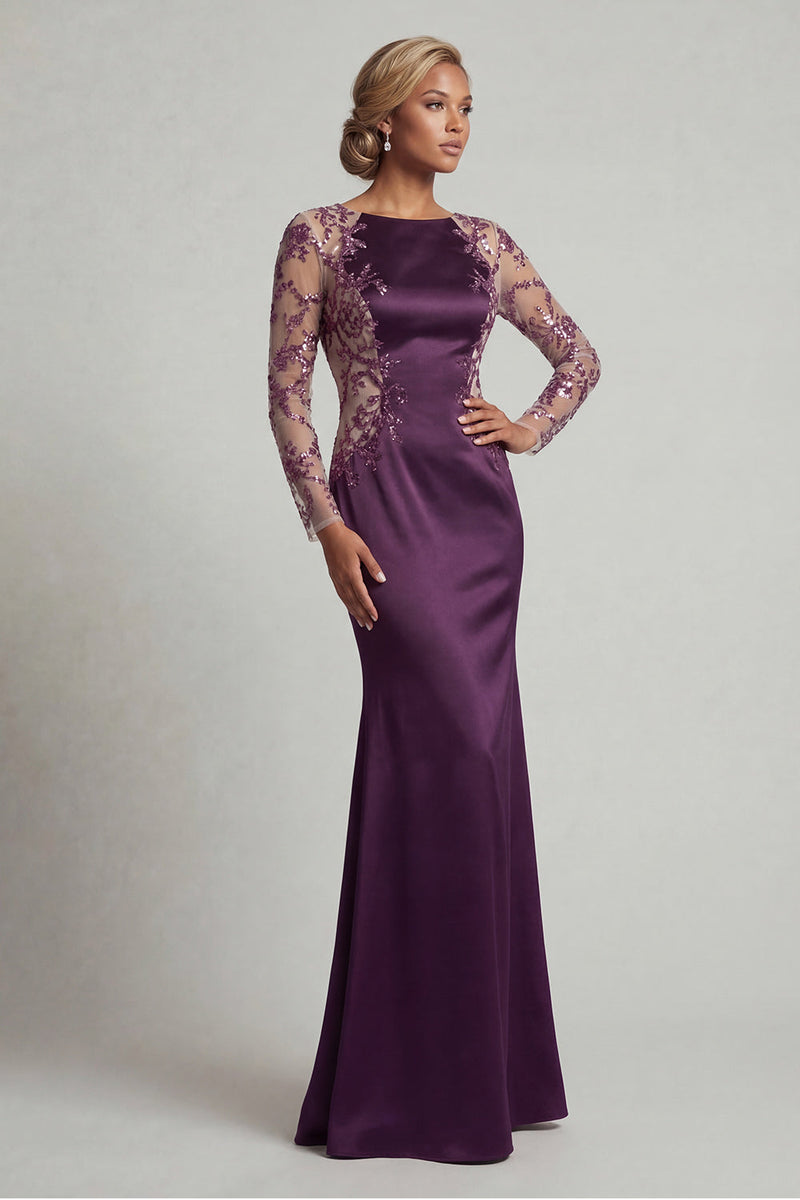 Load image into Gallery viewer, Floral Dark Purple Mermaid Long Sequin Bateau Neck Formal Dress