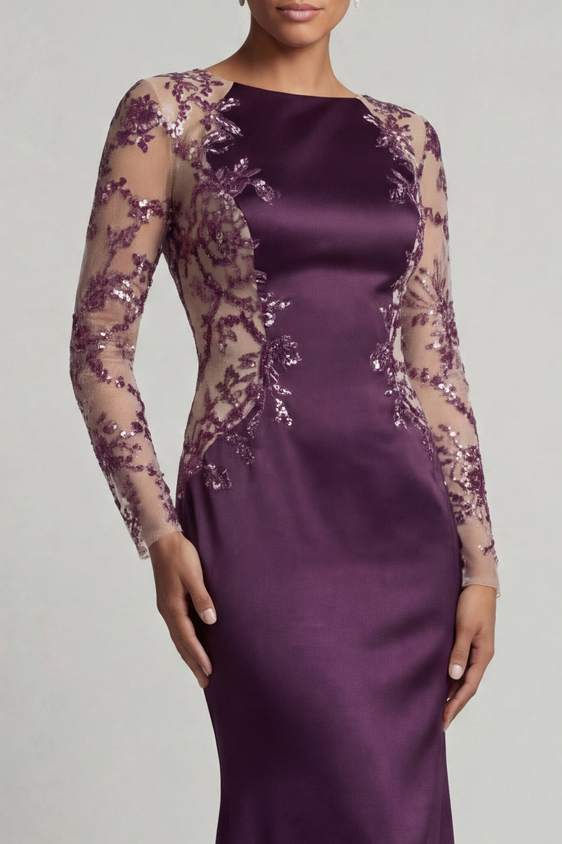 Load image into Gallery viewer, Floral Dark Purple Mermaid Long Sequin Bateau Neck Formal Dress