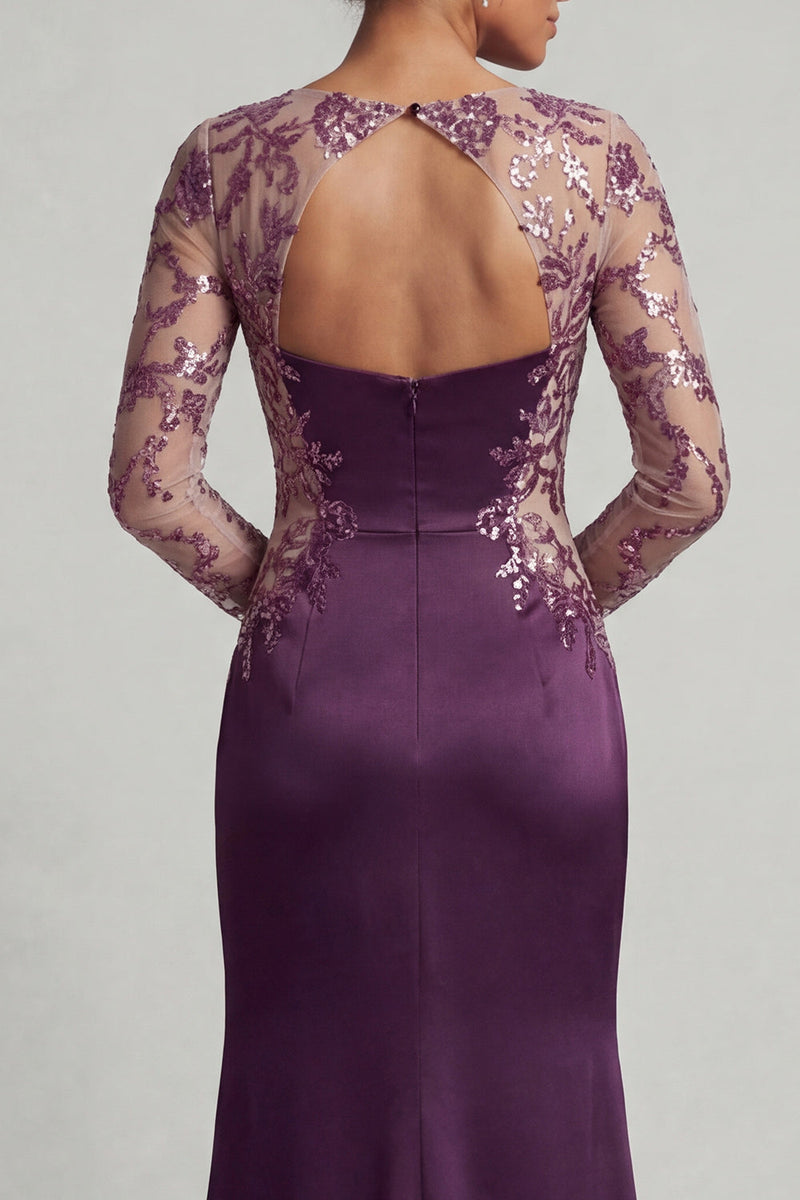 Load image into Gallery viewer, Floral Dark Purple Mermaid Long Sequin Bateau Neck Formal Dress