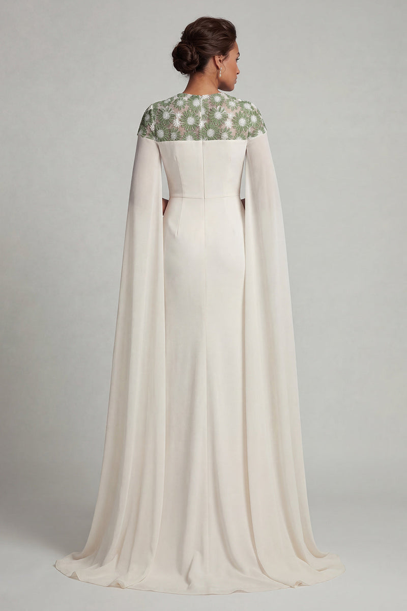 Load image into Gallery viewer, Floral Ivory Round Neck Mermaid Long Formal Dress with Cape