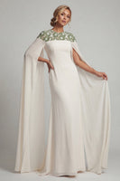 Load image into Gallery viewer, Floral Ivory Round Neck Mermaid Long Formal Dress with Cape