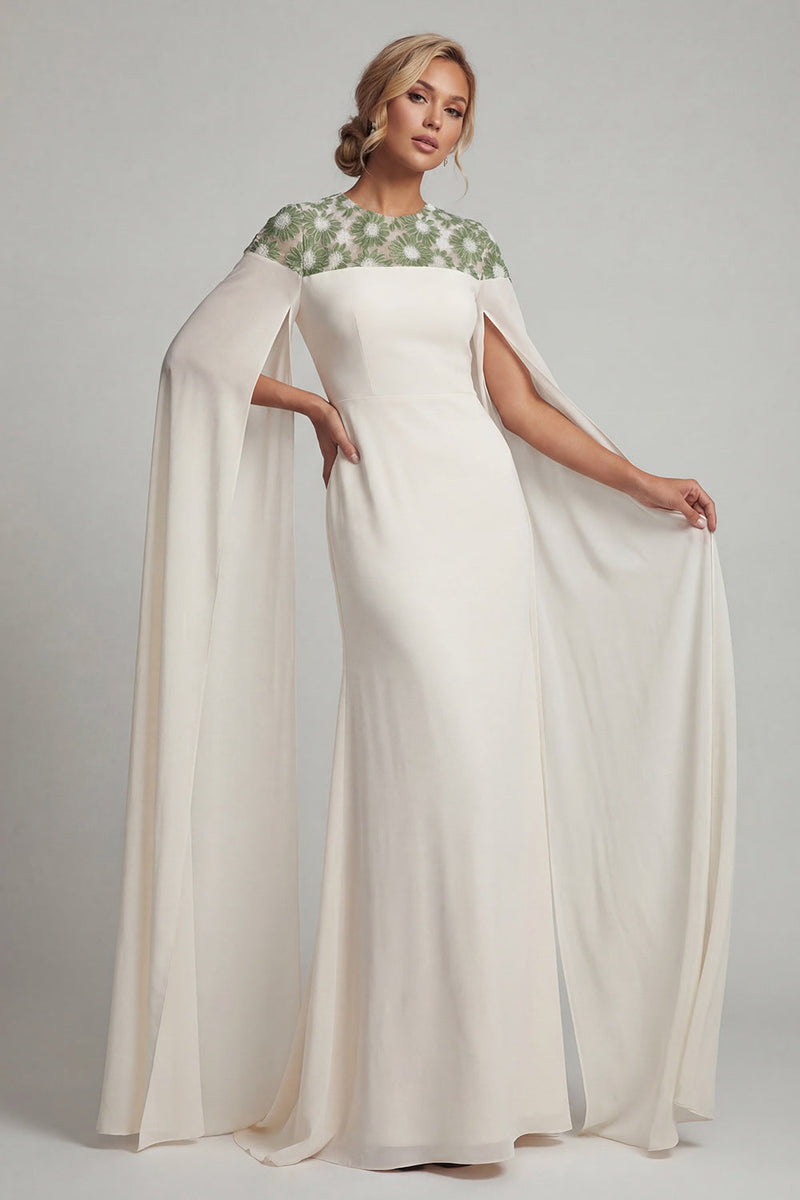 Load image into Gallery viewer, Floral Ivory Round Neck Mermaid Long Formal Dress with Cape