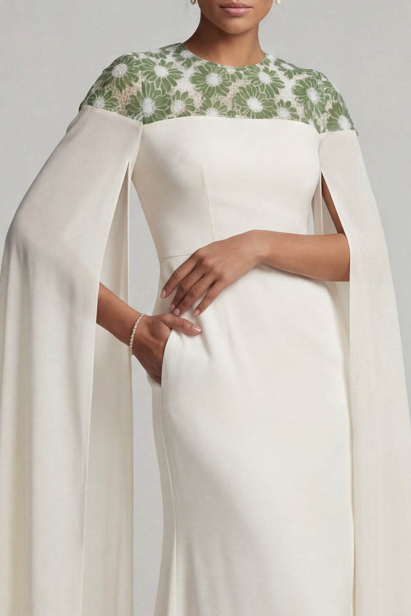 Load image into Gallery viewer, Floral Ivory Round Neck Mermaid Long Formal Dress with Cape