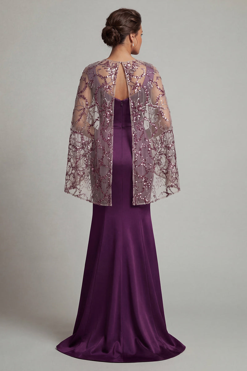 Load image into Gallery viewer, Sparkly Dark Purple Floral Long Mermaid Formal Dress with Cape