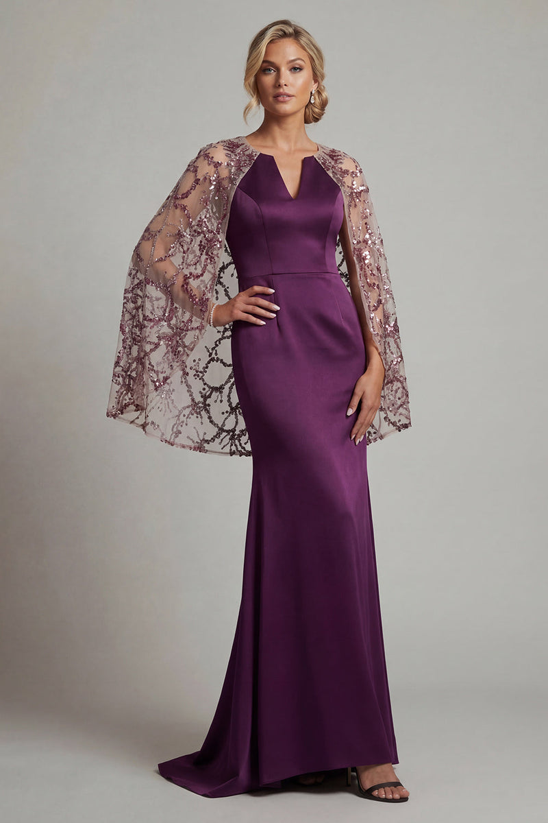 Load image into Gallery viewer, Sparkly Dark Purple Floral Long Mermaid Formal Dress with Cape