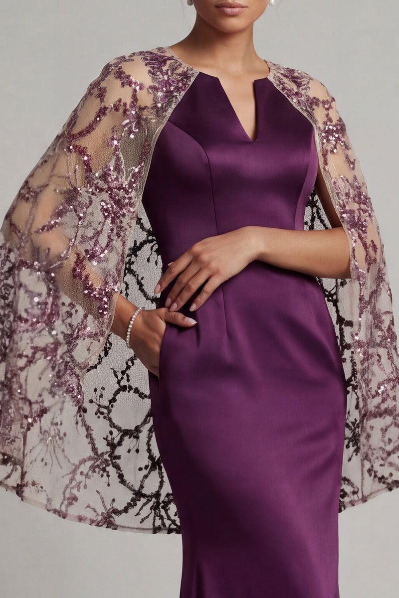 Load image into Gallery viewer, Sparkly Dark Purple Floral Long Mermaid Formal Dress with Cape