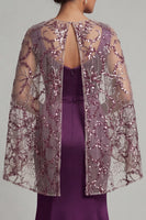 Load image into Gallery viewer, Sparkly Dark Purple Floral Long Mermaid Formal Dress with Cape