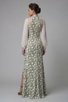 Load image into Gallery viewer, Floral Long Green High Neck Mermaid Formal Dress with Slit