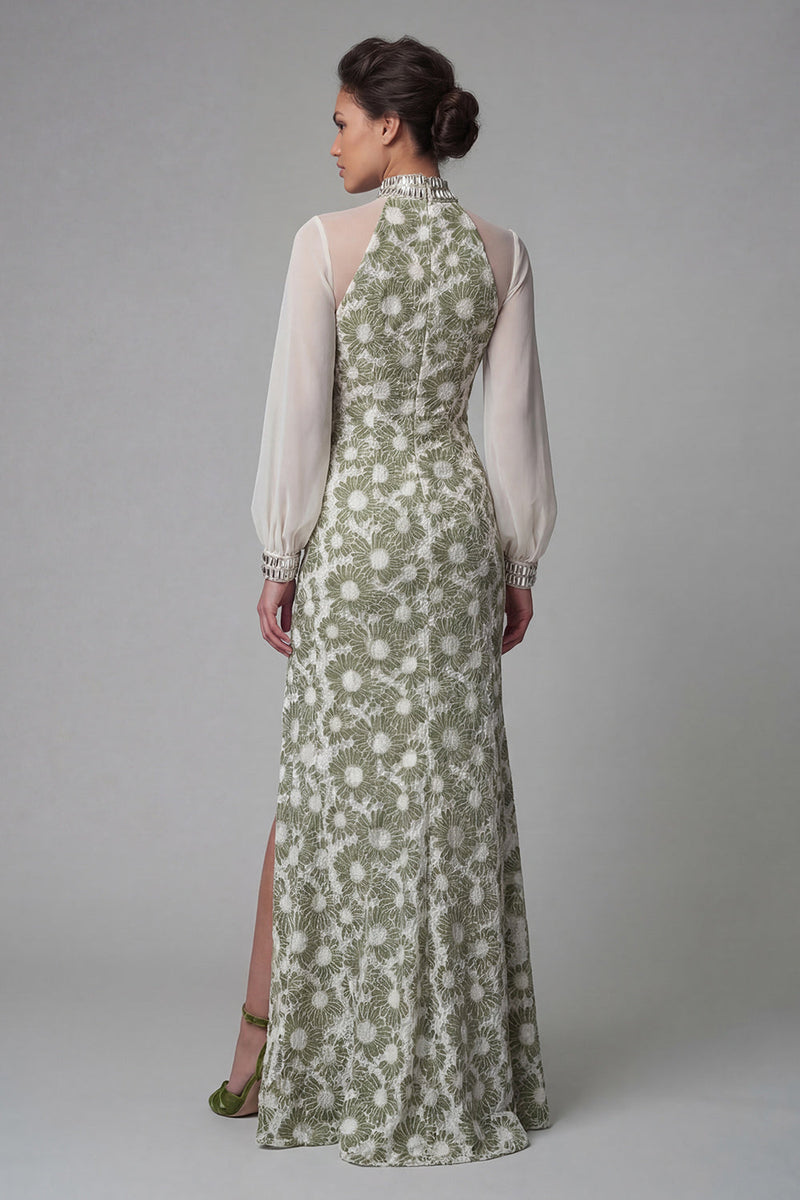 Load image into Gallery viewer, Floral Long Green High Neck Mermaid Formal Dress with Slit