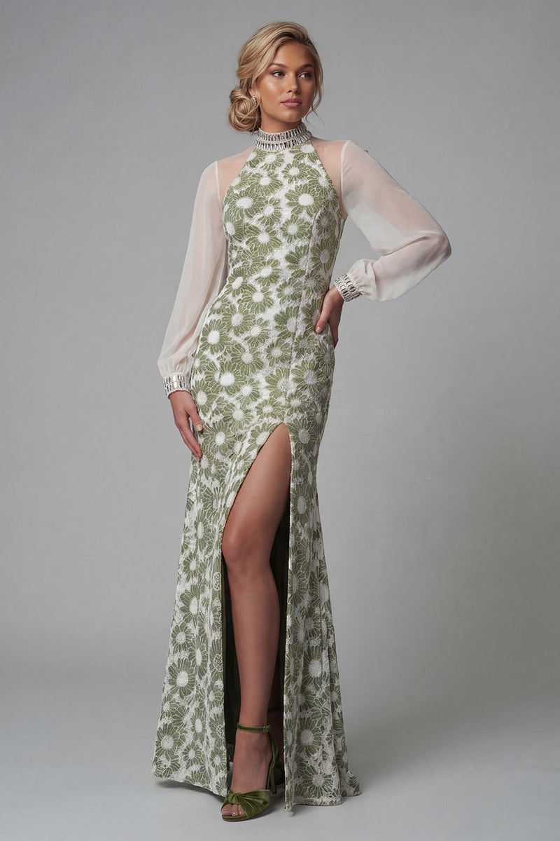 Load image into Gallery viewer, Floral Long Green High Neck Mermaid Formal Dress with Slit