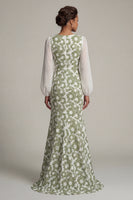 Load image into Gallery viewer, Floral Green Mermaid Long Sleeves Formal Dress with Slit