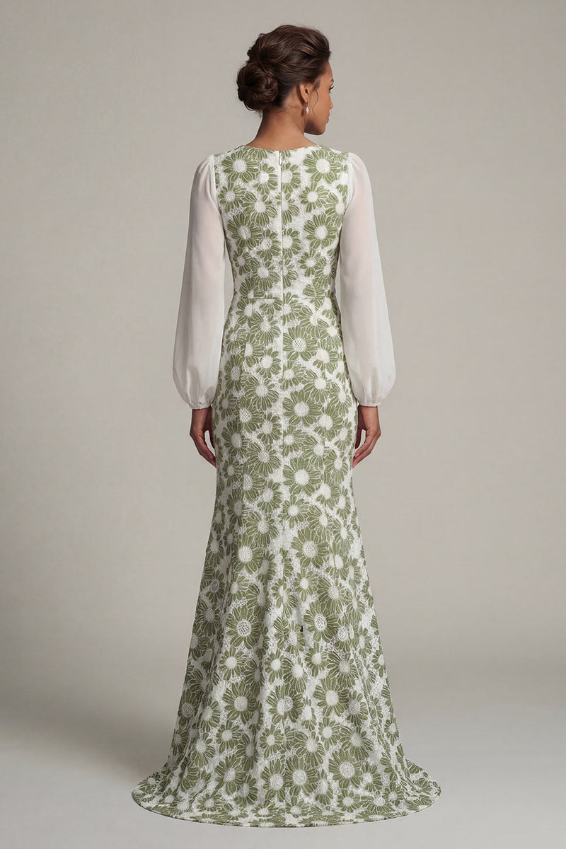 Load image into Gallery viewer, Floral Green Mermaid Long Sleeves Formal Dress with Slit