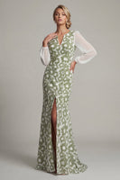 Load image into Gallery viewer, Floral Green Mermaid Long Sleeves Formal Dress with Slit