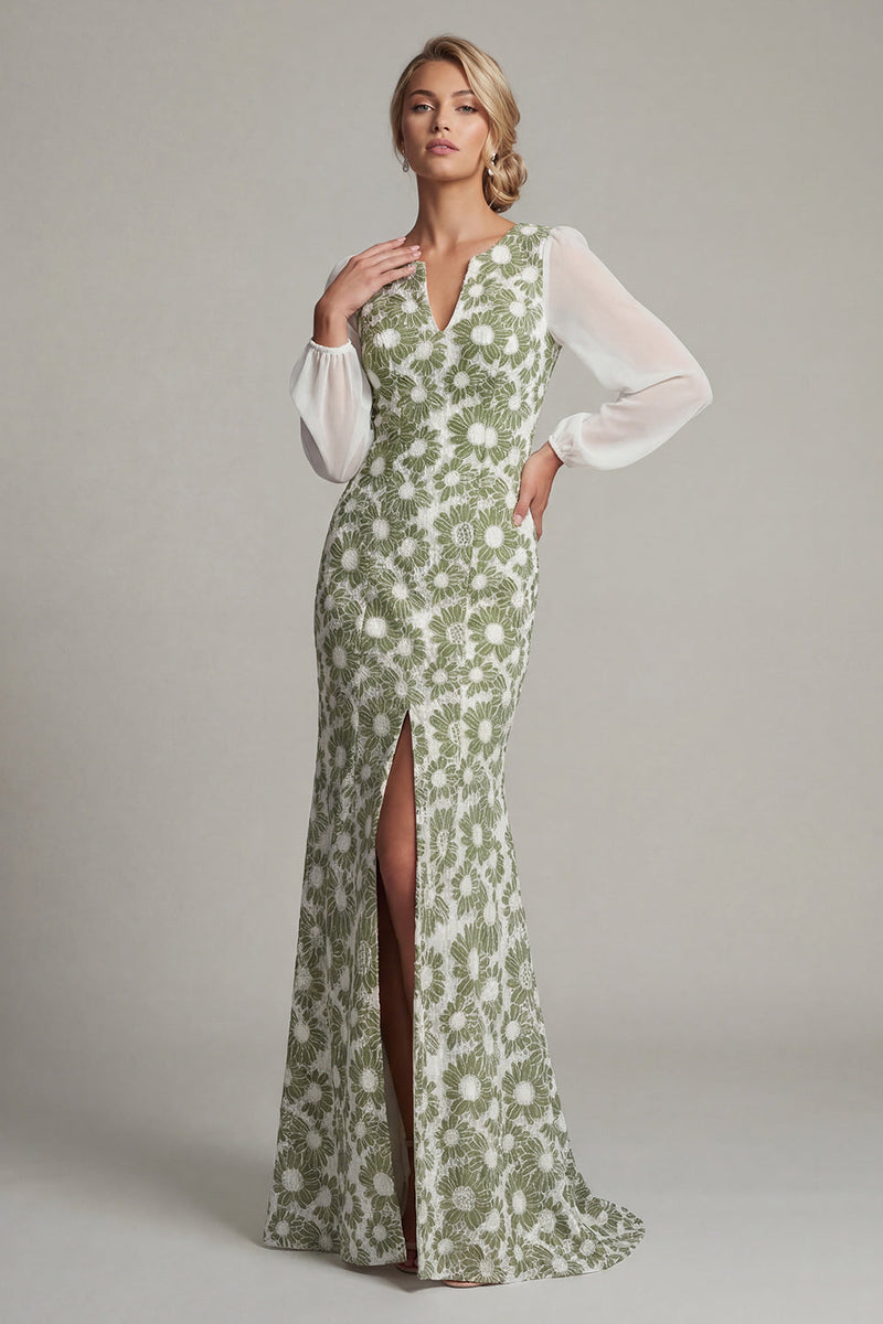 Load image into Gallery viewer, Floral Green Mermaid Long Sleeves Formal Dress with Slit