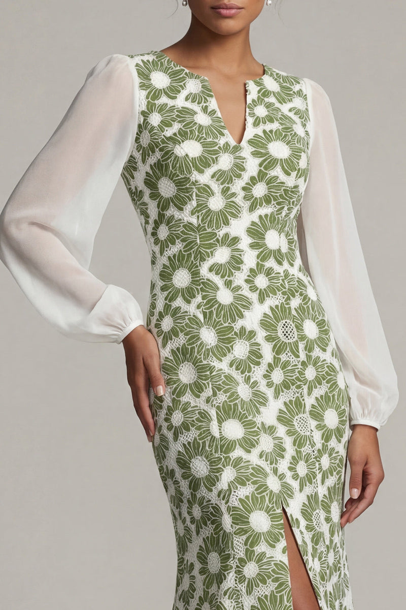 Load image into Gallery viewer, Floral Green Mermaid Long Sleeves Formal Dress with Slit