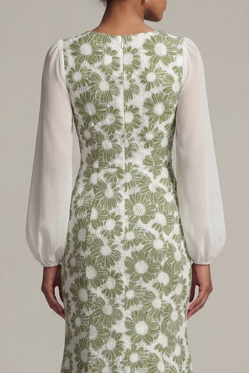 Load image into Gallery viewer, Floral Green Mermaid Long Sleeves Formal Dress with Slit