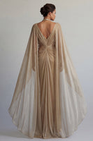 Load image into Gallery viewer, Sparkly Champagne Sequin Ruched Long Sheath Formal Dress with Cape