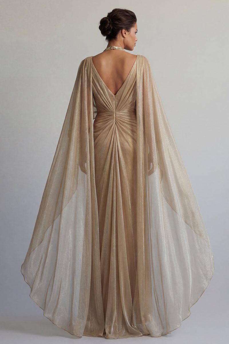 Load image into Gallery viewer, Sparkly Champagne Sequin Ruched Long Sheath Formal Dress with Cape