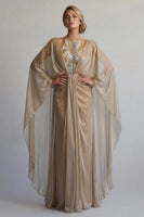 Load image into Gallery viewer, Sparkly Champagne Sequin Ruched Long Sheath Formal Dress with Cape