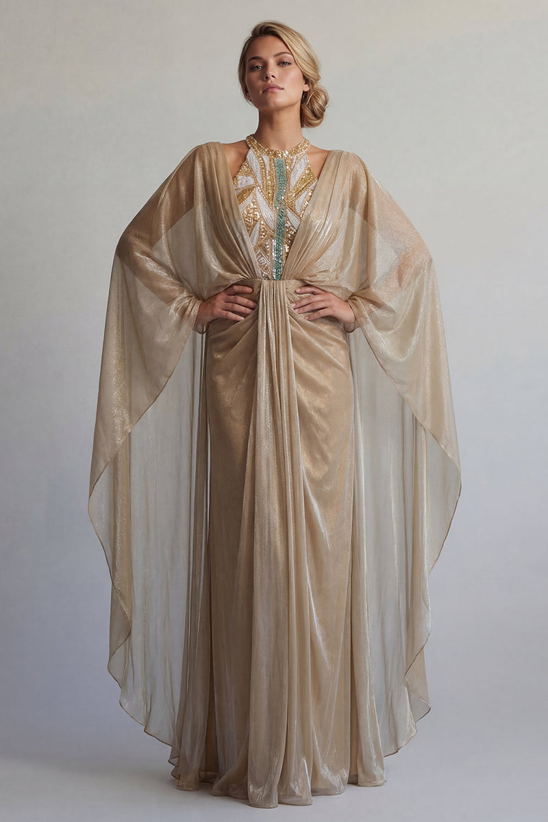 Load image into Gallery viewer, Sparkly Champagne Sequin Ruched Long Sheath Formal Dress with Cape