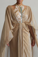 Load image into Gallery viewer, Sparkly Champagne Sequin Ruched Long Sheath Formal Dress with Cape
