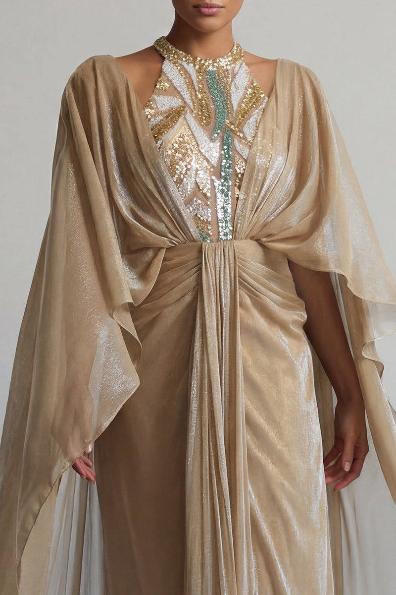 Load image into Gallery viewer, Sparkly Champagne Sequin Ruched Long Sheath Formal Dress with Cape