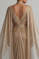 Load image into Gallery viewer, Sparkly Champagne Sequin Ruched Long Sheath Formal Dress with Cape