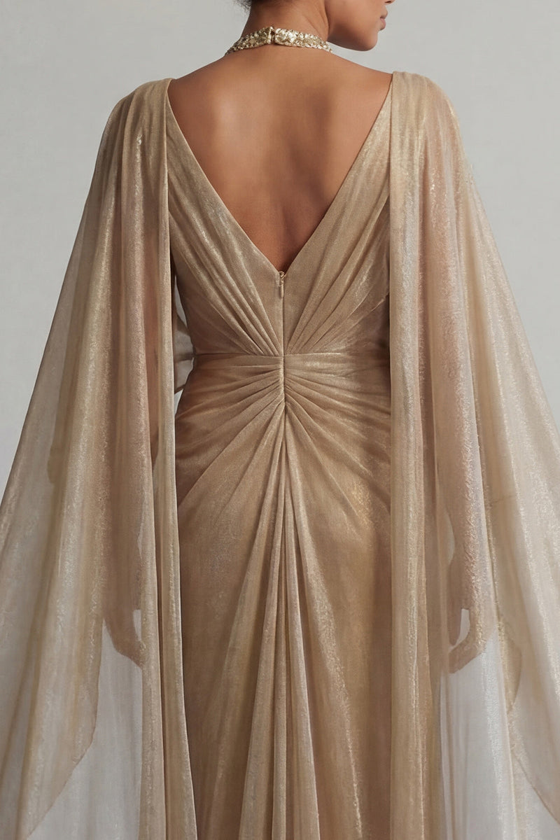 Load image into Gallery viewer, Sparkly Champagne Sequin Ruched Long Sheath Formal Dress with Cape