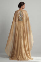 Load image into Gallery viewer, Sparkly Champagne A Line Sequin Long Formal Dress with Cape