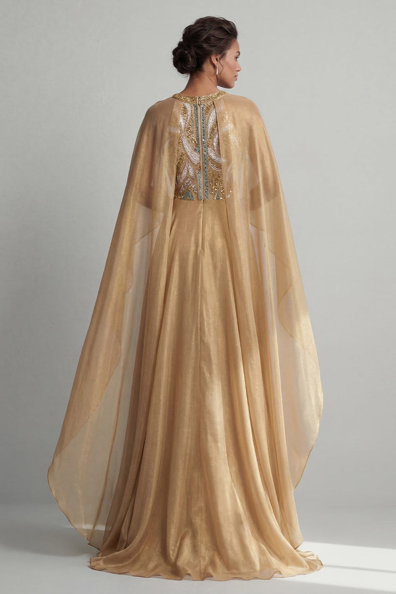 Load image into Gallery viewer, Sparkly Champagne A Line Sequin Long Formal Dress with Cape