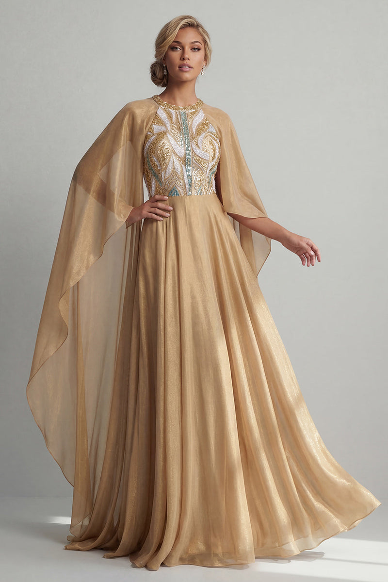Load image into Gallery viewer, Sparkly Champagne A Line Sequin Long Formal Dress with Cape