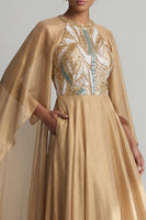 Load image into Gallery viewer, Sparkly Champagne A Line Sequin Long Formal Dress with Cape